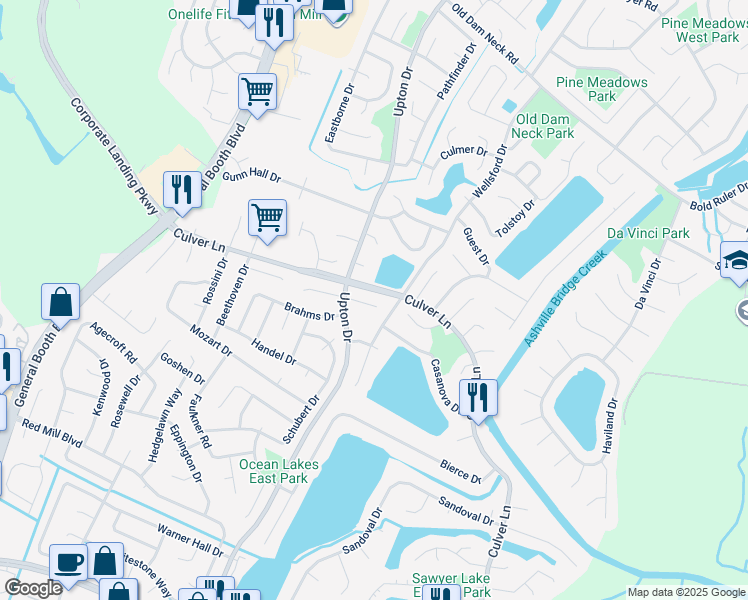 map of restaurants, bars, coffee shops, grocery stores, and more near 1108 Debussy Court in Virginia Beach