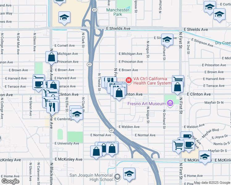 map of restaurants, bars, coffee shops, grocery stores, and more near 2424 North Fresno Street in Fresno