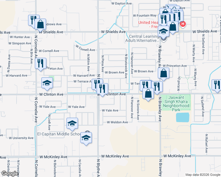 map of restaurants, bars, coffee shops, grocery stores, and more near 2456 North Bendel Avenue in Fresno