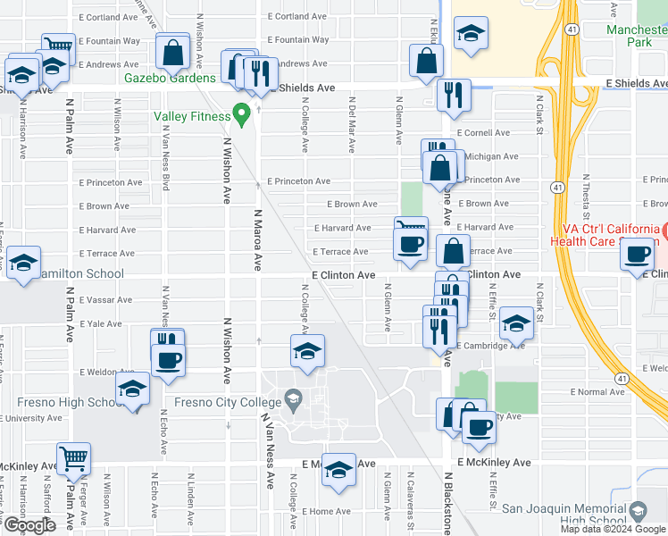 map of restaurants, bars, coffee shops, grocery stores, and more near 1211 East Clinton Avenue in Fresno