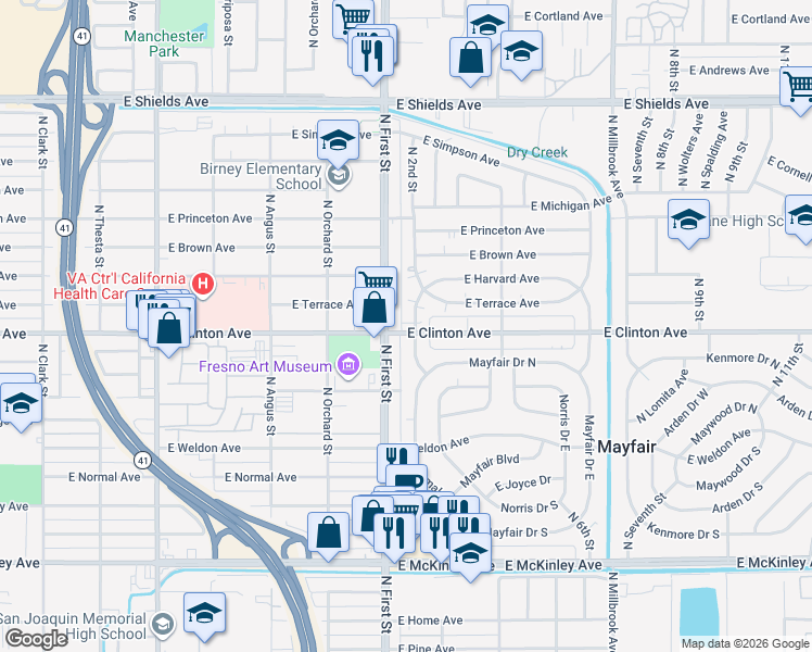 map of restaurants, bars, coffee shops, grocery stores, and more near 3115 East Clinton Avenue in Fresno