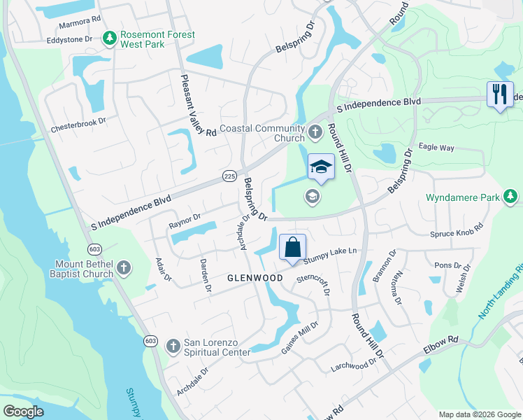 map of restaurants, bars, coffee shops, grocery stores, and more near 1405 Dalsbury Lane in Virginia Beach