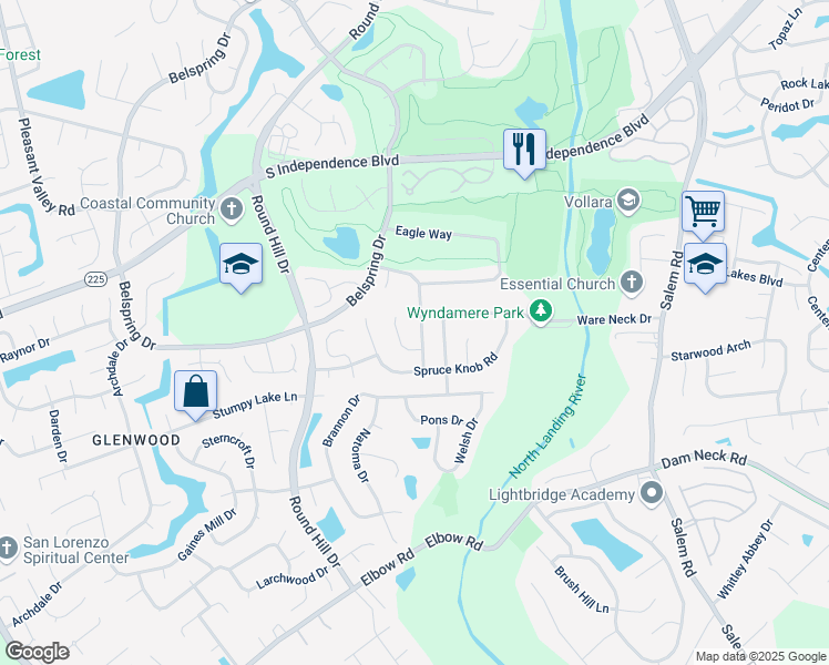 map of restaurants, bars, coffee shops, grocery stores, and more near 2125 Eagle Rock Road in Virginia Beach
