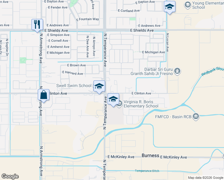 map of restaurants, bars, coffee shops, grocery stores, and more near 7084 East Clinton Avenue in Fresno