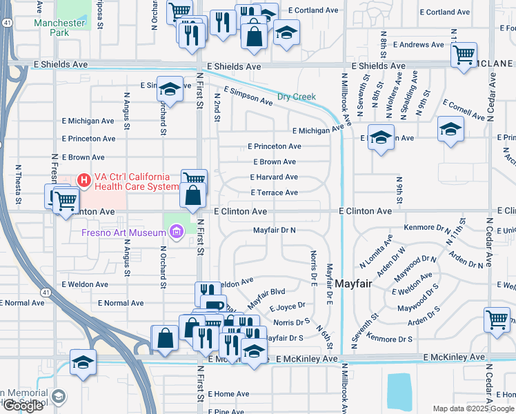 map of restaurants, bars, coffee shops, grocery stores, and more near 3351 East Clinton Avenue in Fresno