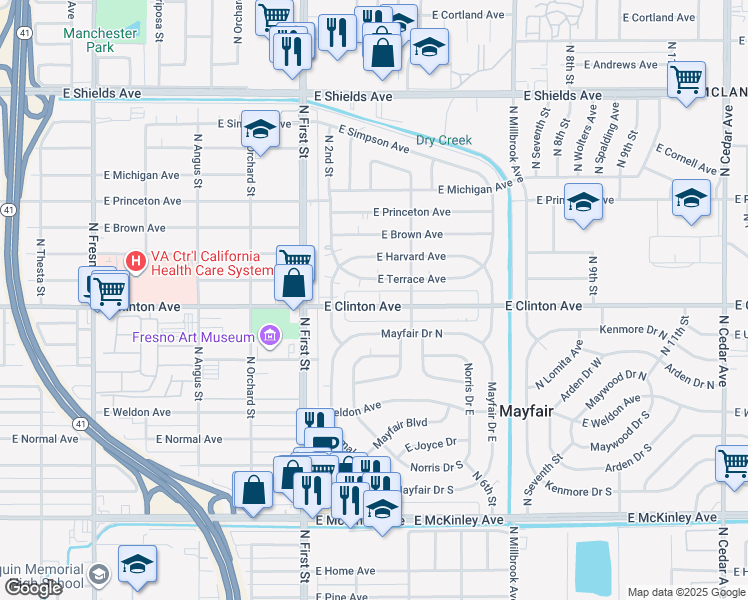 map of restaurants, bars, coffee shops, grocery stores, and more near 3351 East Clinton Avenue in Fresno