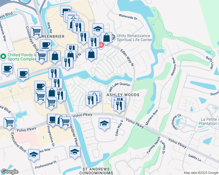 map of restaurants, bars, coffee shops, grocery stores, and more near 1226 Mill Lake Quarter in Chesapeake