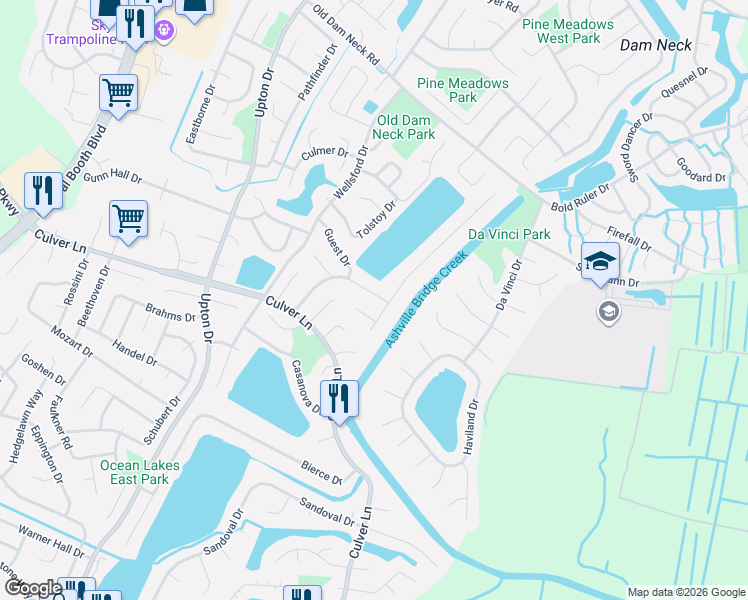 map of restaurants, bars, coffee shops, grocery stores, and more near 1808 Gershwin Drive in Virginia Beach