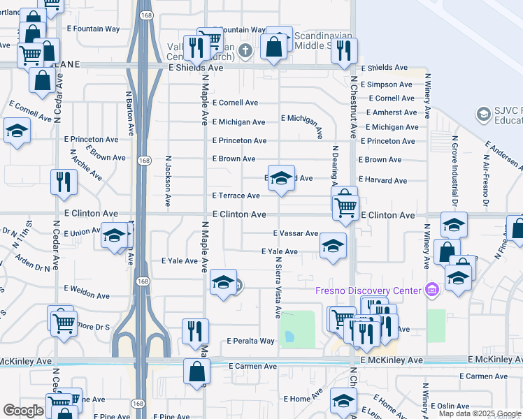 map of restaurants, bars, coffee shops, grocery stores, and more near 4675 East Clinton Avenue in Fresno