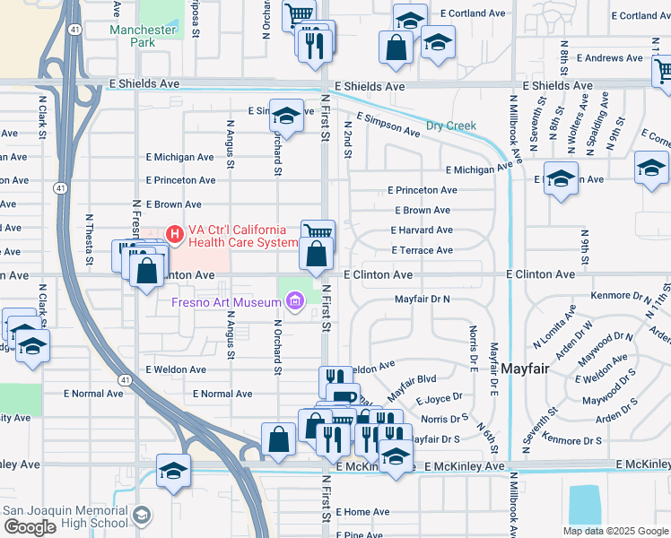 map of restaurants, bars, coffee shops, grocery stores, and more near 3109 East Clinton Avenue in Fresno