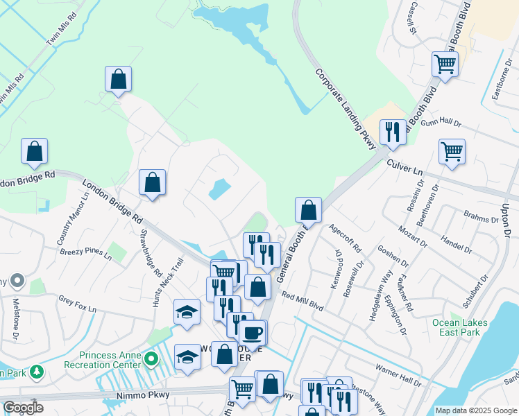 map of restaurants, bars, coffee shops, grocery stores, and more near 1892 Lewisham Way in Virginia Beach