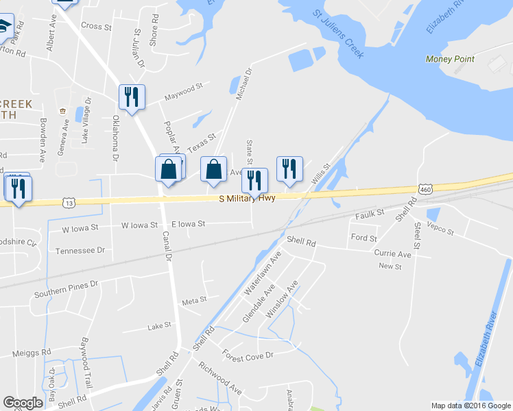 map of restaurants, bars, coffee shops, grocery stores, and more near 2934 S Military Hwy in Chesapeake