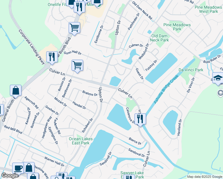 map of restaurants, bars, coffee shops, grocery stores, and more near 1108 Debussy Court in Virginia Beach