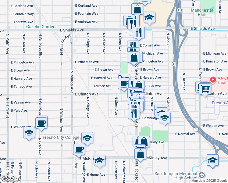 map of restaurants, bars, coffee shops, grocery stores, and more near 1521 East Clinton Avenue in Fresno