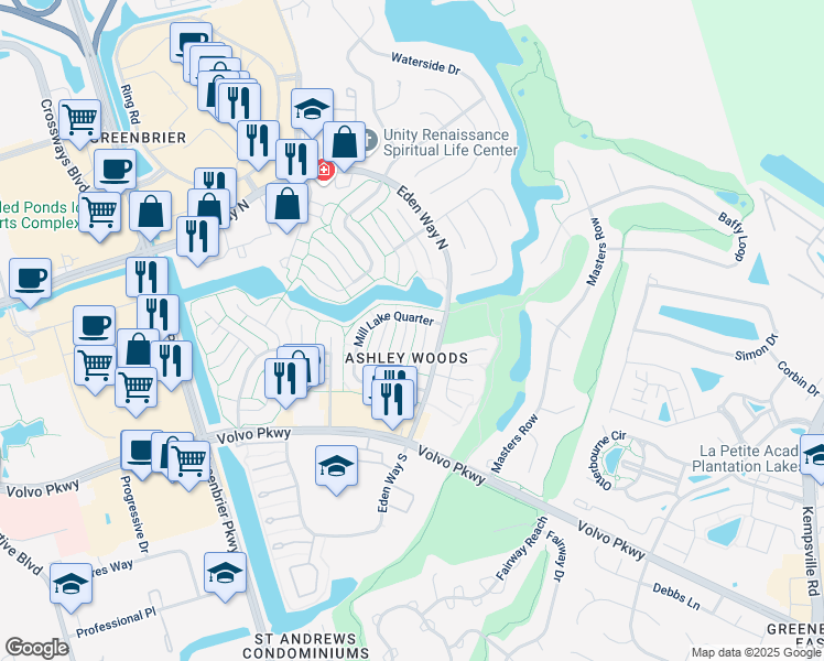 map of restaurants, bars, coffee shops, grocery stores, and more near 1243 Mill Stream Way in Chesapeake