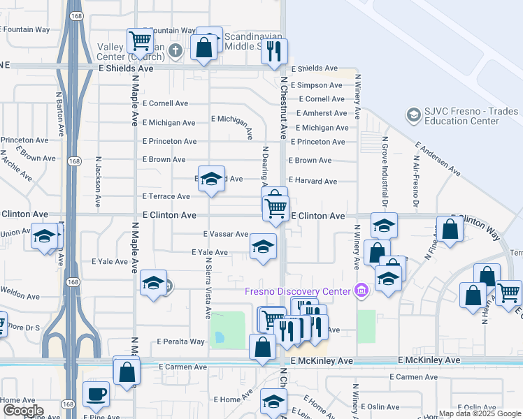 map of restaurants, bars, coffee shops, grocery stores, and more near 4777 East Clinton Avenue in Fresno