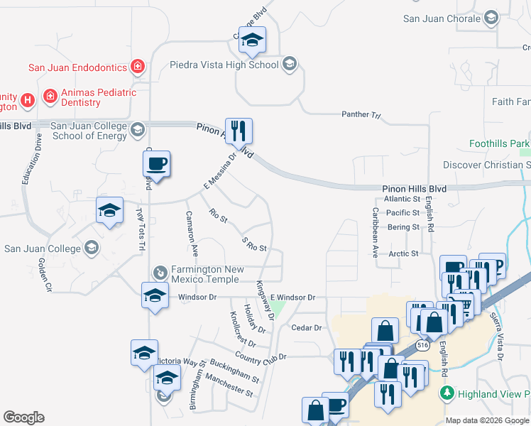 map of restaurants, bars, coffee shops, grocery stores, and more near 4905 Kingsway Drive in Farmington