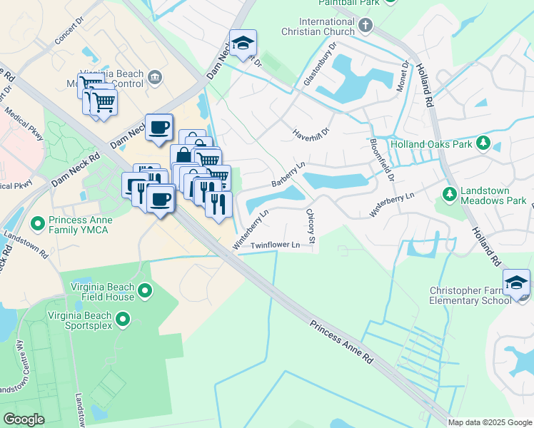 map of restaurants, bars, coffee shops, grocery stores, and more near 3257 Winterberry Lane in Virginia Beach