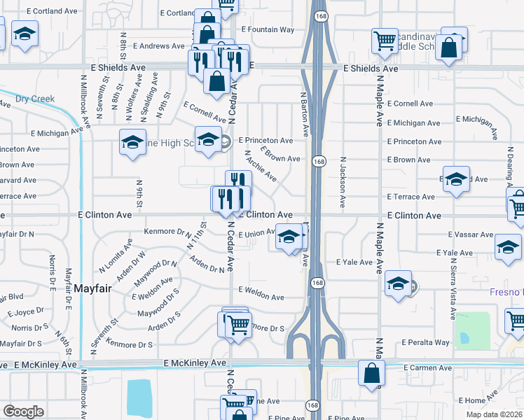 map of restaurants, bars, coffee shops, grocery stores, and more near 4315 East Clinton Avenue in Fresno
