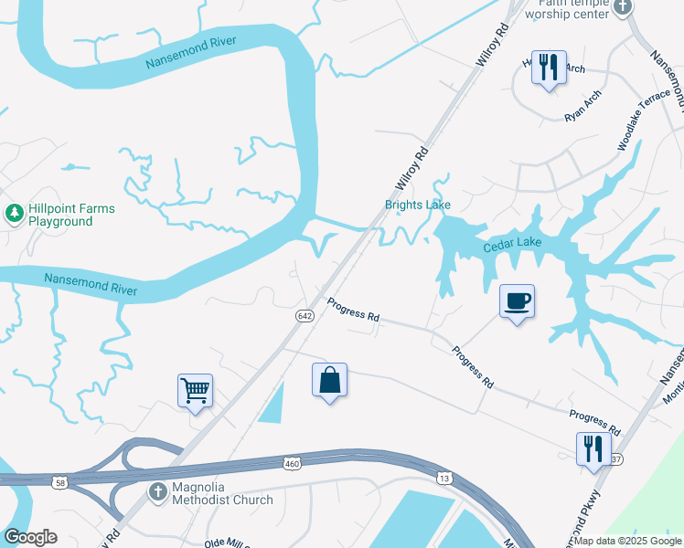 map of restaurants, bars, coffee shops, grocery stores, and more near 2172 Wilroy Road in Suffolk