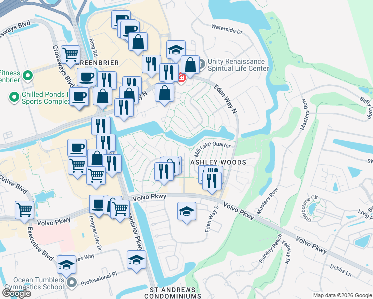 map of restaurants, bars, coffee shops, grocery stores, and more near 1227 Brookside Landing in Chesapeake