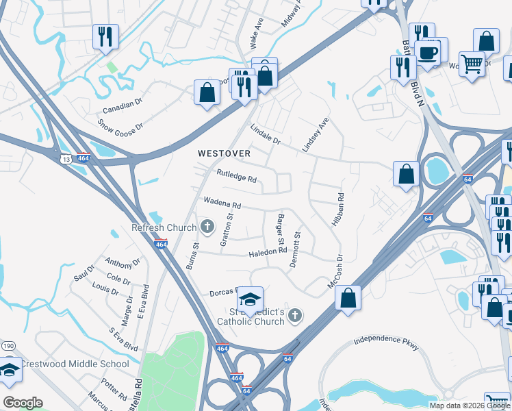map of restaurants, bars, coffee shops, grocery stores, and more near 908 Wadena Road in Chesapeake