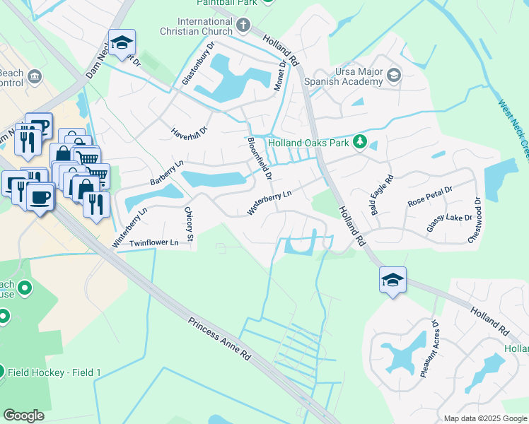 map of restaurants, bars, coffee shops, grocery stores, and more near 3104 Damascus Trail in Virginia Beach