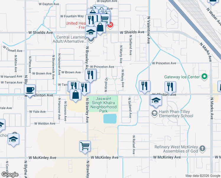 map of restaurants, bars, coffee shops, grocery stores, and more near 3650 West Terrace Avenue in Fresno