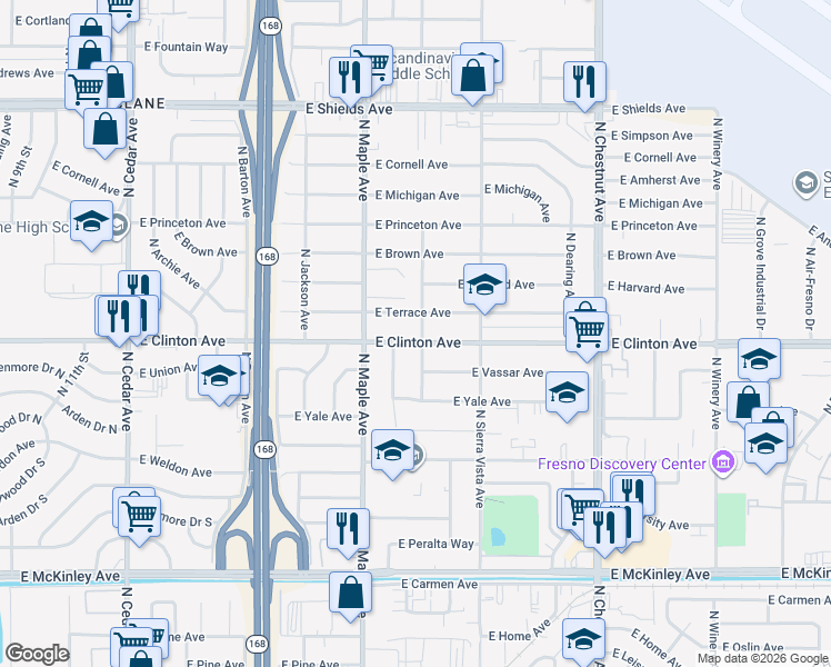 map of restaurants, bars, coffee shops, grocery stores, and more near 4643 E Clinton Ave in Fresno