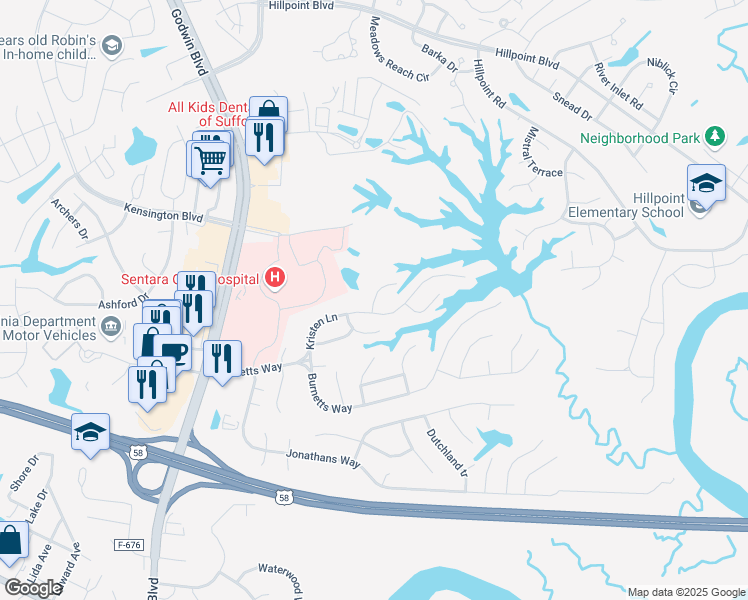 map of restaurants, bars, coffee shops, grocery stores, and more near 103 White Hall Arch in Suffolk