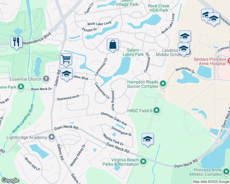 map of restaurants, bars, coffee shops, grocery stores, and more near 3889 Jousting Arch in Virginia Beach