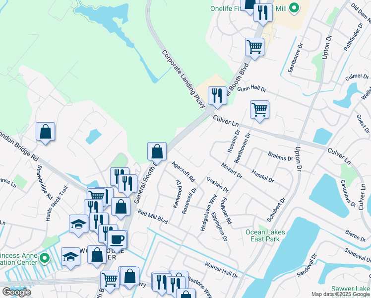 map of restaurants, bars, coffee shops, grocery stores, and more near 2004 Las Cruces Court in Virginia Beach