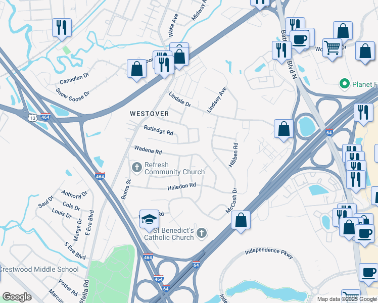 map of restaurants, bars, coffee shops, grocery stores, and more near 1004 Wadena Rd in Chesapeake