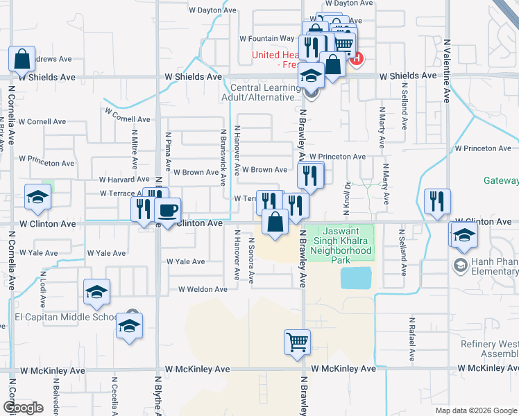 map of restaurants, bars, coffee shops, grocery stores, and more near 4122 West Providence Avenue in Fresno