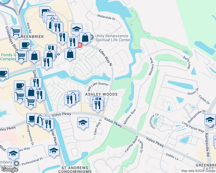 map of restaurants, bars, coffee shops, grocery stores, and more near 1251 Cedar Mill Square in Chesapeake