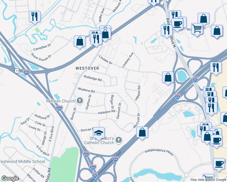 map of restaurants, bars, coffee shops, grocery stores, and more near 1004 Wadena Road in Chesapeake