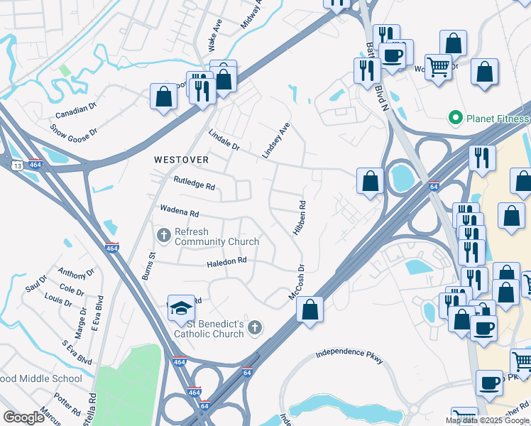 map of restaurants, bars, coffee shops, grocery stores, and more near 121 McCosh Drive in Chesapeake