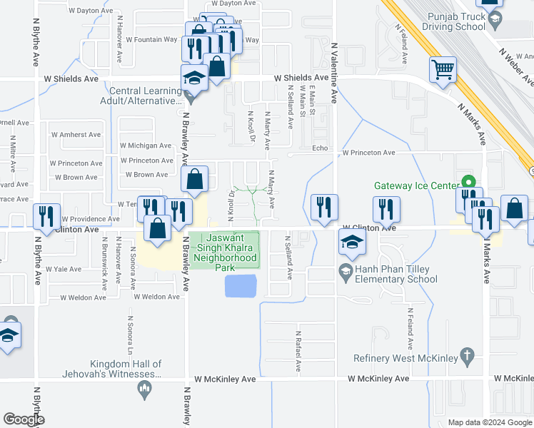map of restaurants, bars, coffee shops, grocery stores, and more near 3574 West Terrace Avenue in Fresno