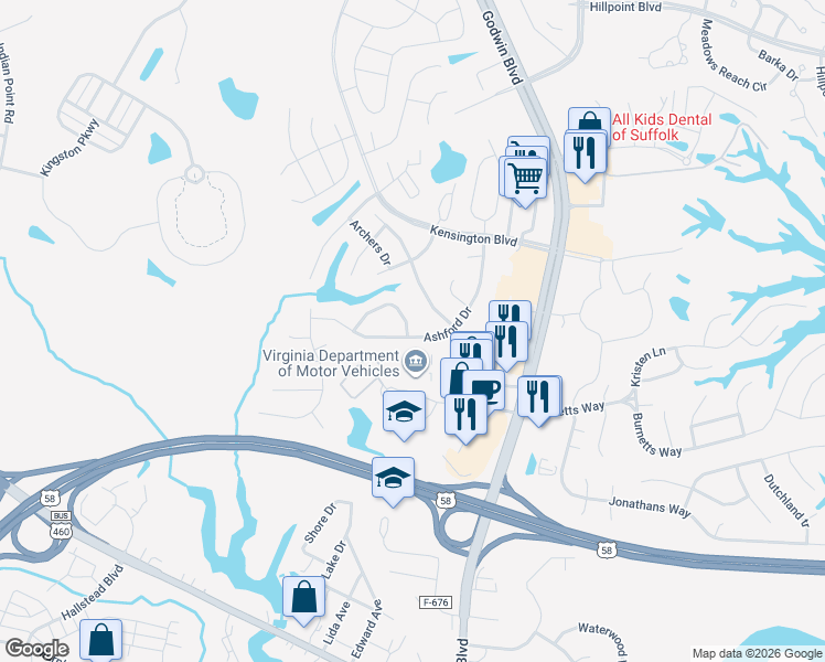map of restaurants, bars, coffee shops, grocery stores, and more near 135 Ashford Drive in Suffolk