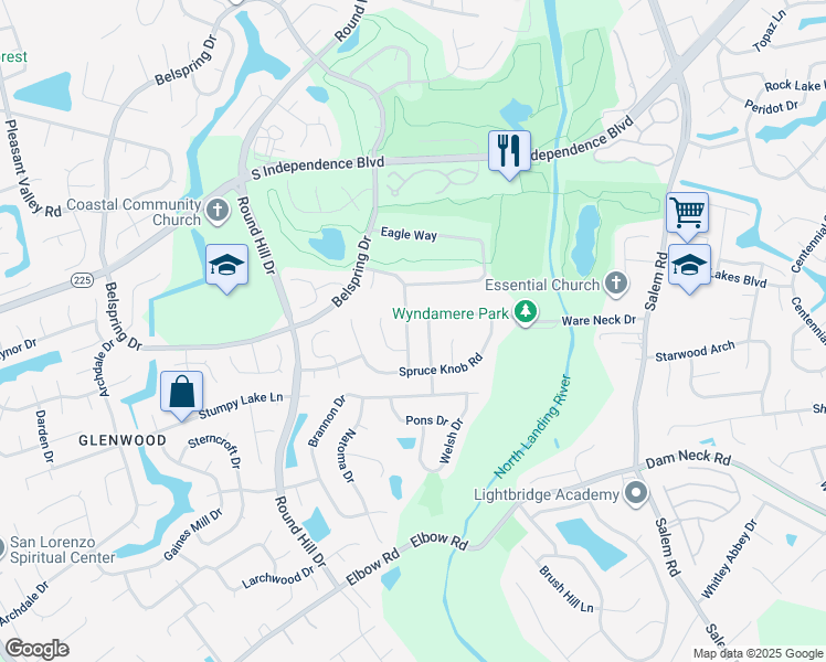 map of restaurants, bars, coffee shops, grocery stores, and more near 2125 Eagle Rock Road in Virginia Beach