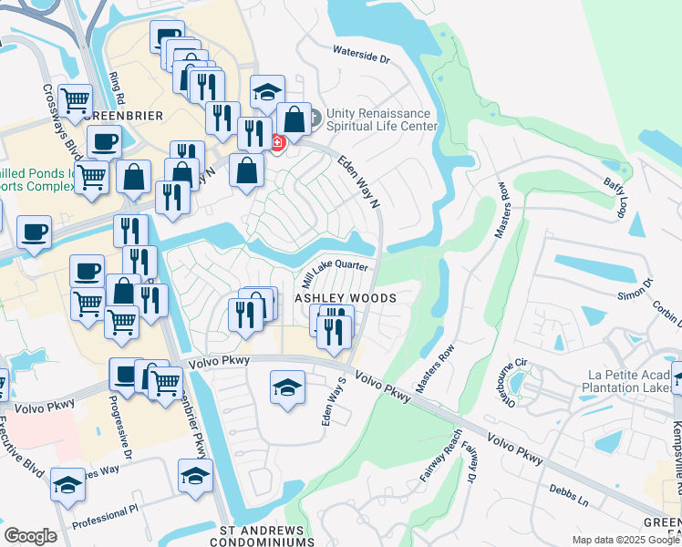 map of restaurants, bars, coffee shops, grocery stores, and more near 1240 Mill Stream Way in Chesapeake