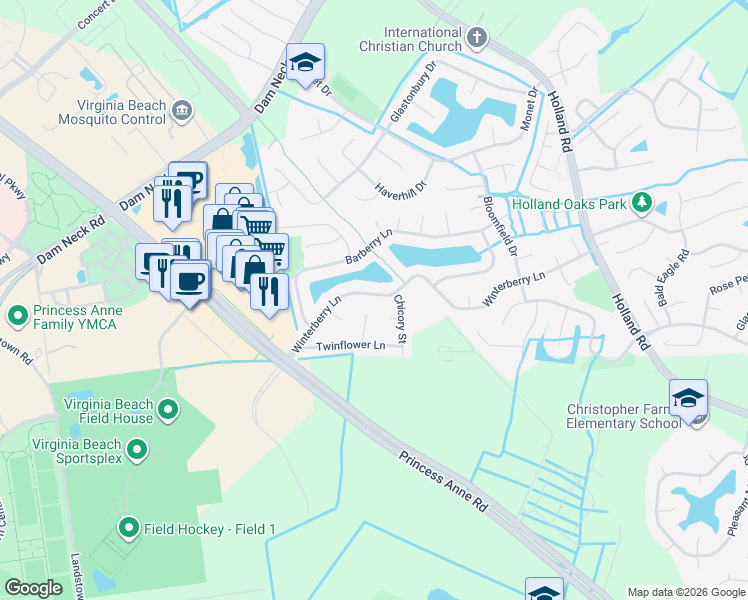 map of restaurants, bars, coffee shops, grocery stores, and more near 3225 Winterberry Lane in Virginia Beach