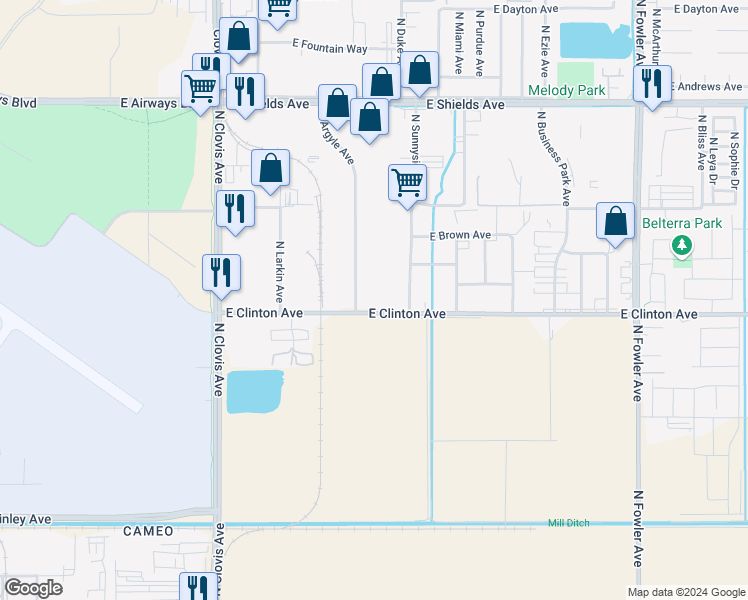 map of restaurants, bars, coffee shops, grocery stores, and more near 5700-5728 East Clinton Avenue in Fresno