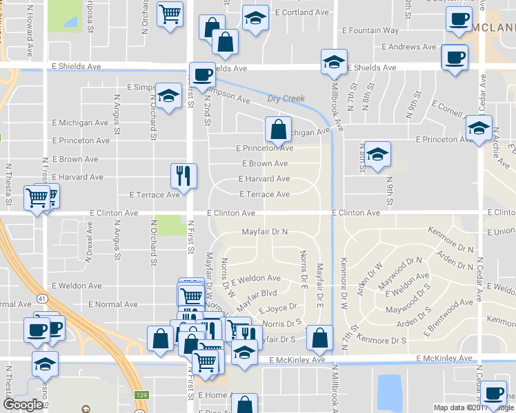 map of restaurants, bars, coffee shops, grocery stores, and more near 3351 East Clinton Avenue in Fresno