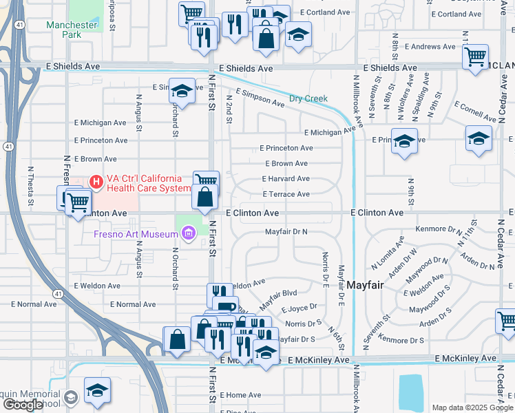 map of restaurants, bars, coffee shops, grocery stores, and more near 3351 East Clinton Avenue in Fresno