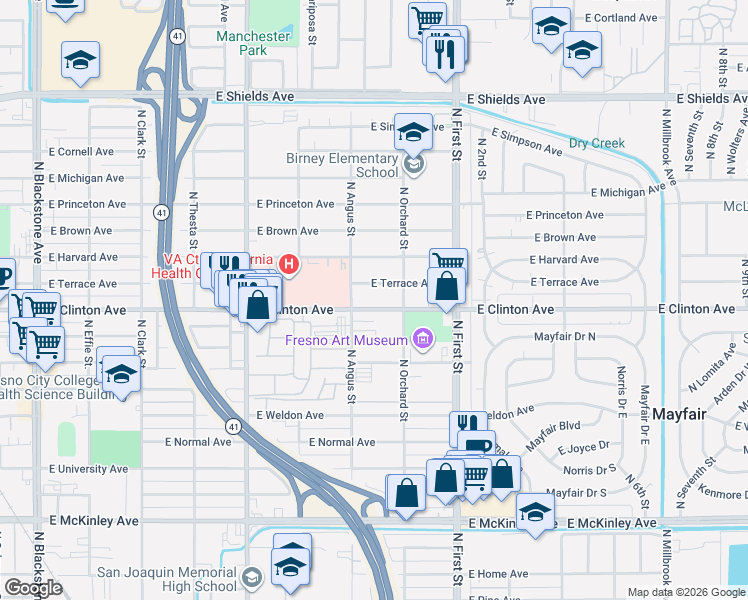 map of restaurants, bars, coffee shops, grocery stores, and more near in Fresno