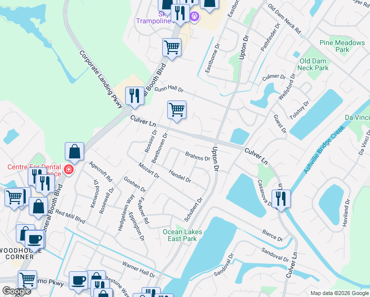 map of restaurants, bars, coffee shops, grocery stores, and more near 1901 Chopin Drive in Virginia Beach