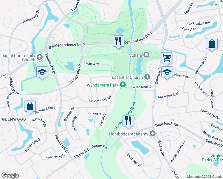 map of restaurants, bars, coffee shops, grocery stores, and more near 4120 Spruce Knob Road in Virginia Beach
