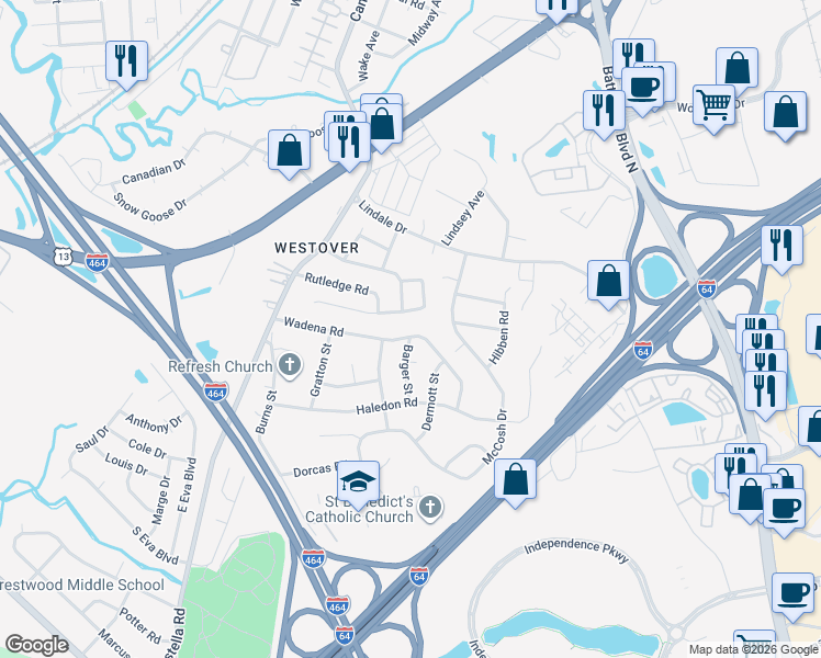 map of restaurants, bars, coffee shops, grocery stores, and more near 1004 Wadena Road in Chesapeake