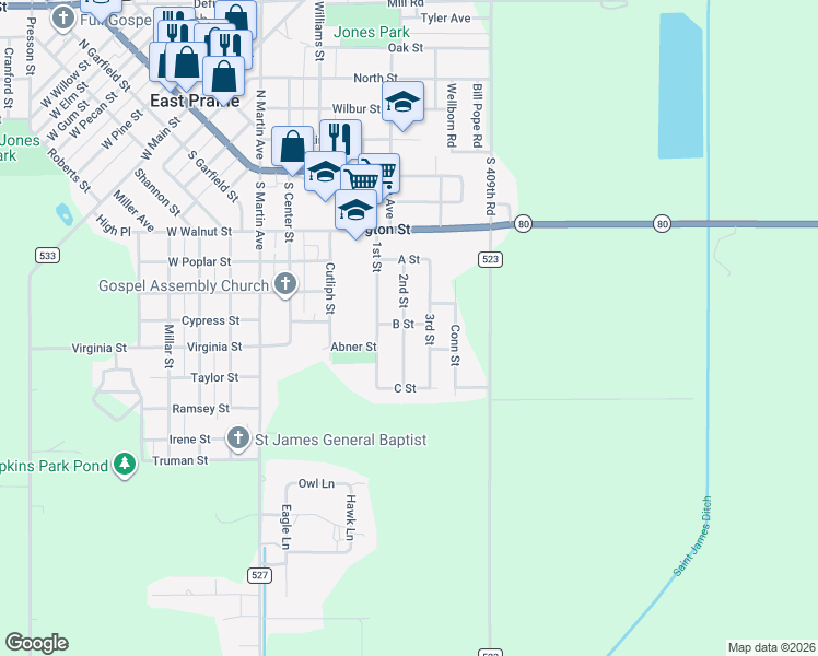map of restaurants, bars, coffee shops, grocery stores, and more near 400-428 2nd Street in East Prairie